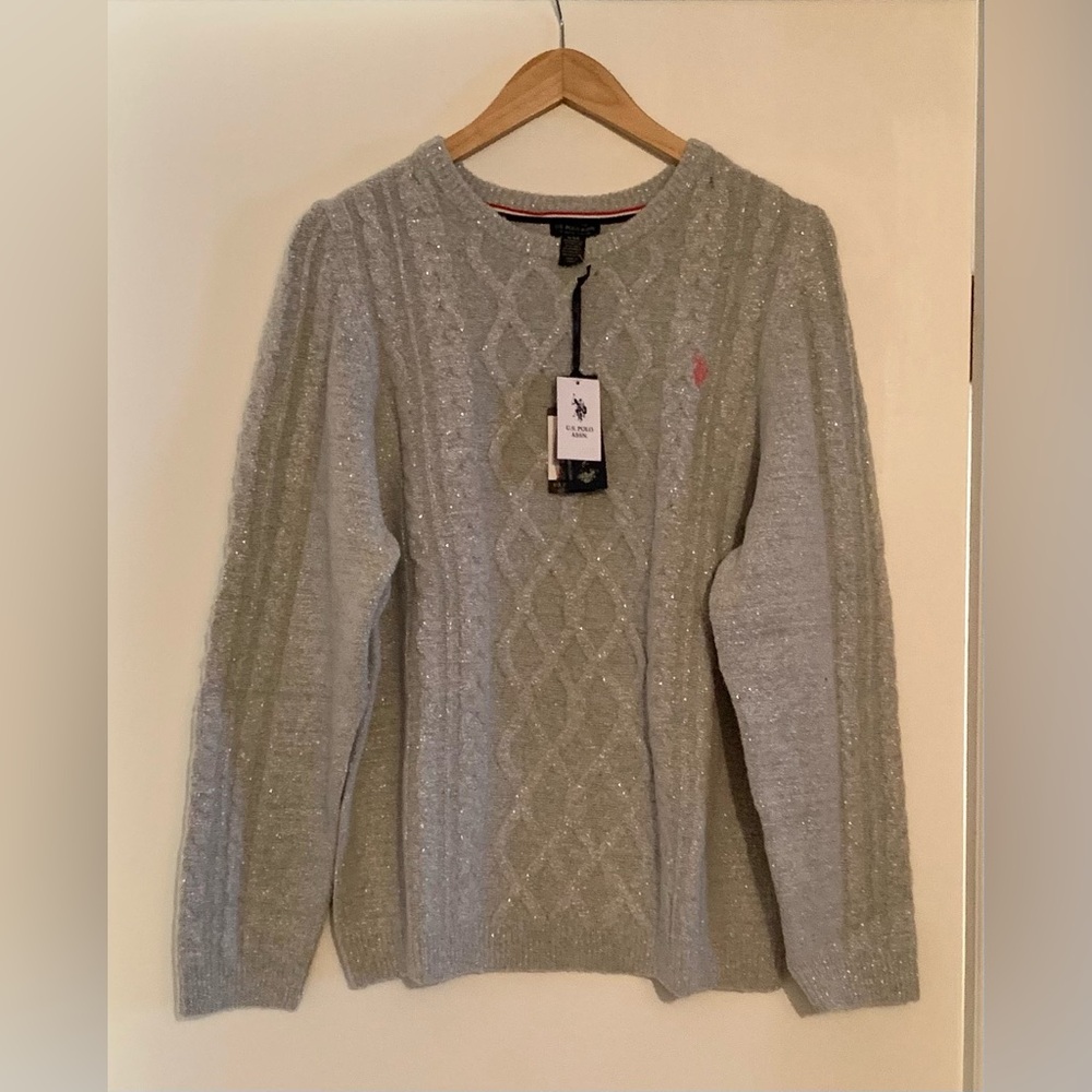 NEW U.S. Polo Assn. Sparkly Heather Gray Cable Knit Sweater